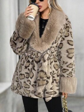 Faux Fur Leopard Print Wrap Coat - Taupe